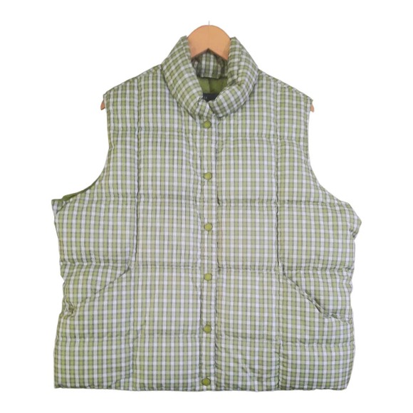 Lands End Womens Green Checked Down Blend Snap Vest Size XL - Picture 1 of 7
